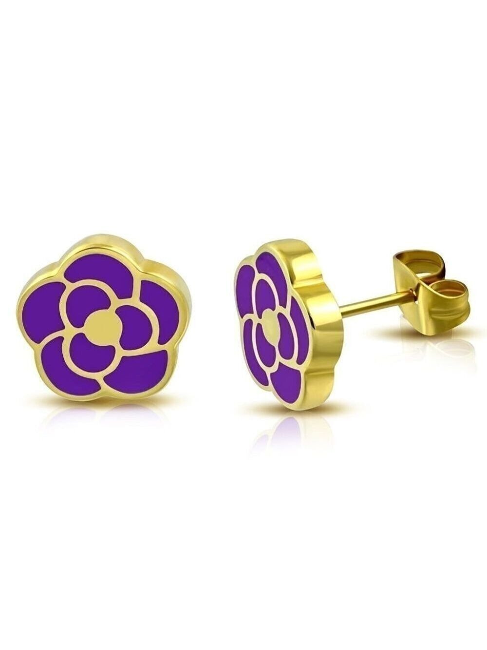 Earrings --Amethyst Enamel Rose, stainless steel in gold tone